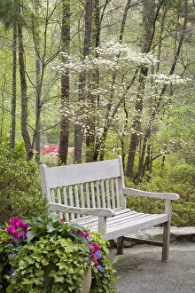 North America, USA, Georgia, Pine Mountain. Sitting bench in garden
