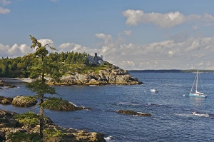 Frenchman Bay Prints: North America, USA, Maine, Acadia National Park. A view of a sailbot and a mansion