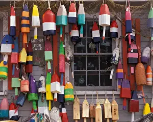 Large Group Of Objects Prints: North America, USA, Maine, Newcastle lobster buoys and shop