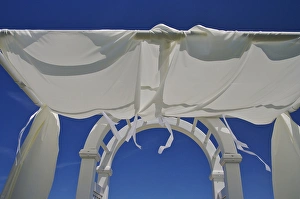 North America, USA, Massachusetts, Chatham. A trellis decorated with white fabric