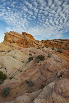 North America, USA, Nevada. Colored and striated rock formations and clouds