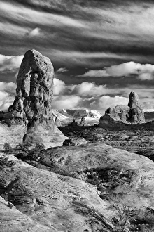 Images Dated 12th December 2015: North America, USA, Utah, Arches National Park. Black and white image of Turret Arch