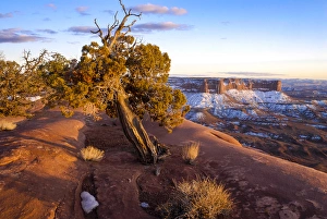 Geological Formation Prints: North America, USA, Utah. Overlook vista with cliffs, juniper, and snow during spring
