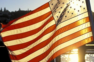 North America, USA, Washington, Seattle. American flag at Fishermans Terminal