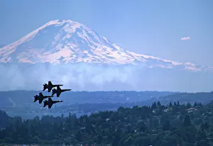 Seattle Prints: North America, USA, Washington, Seattle. The Blue Angels over Seattle at Seafair with Mt