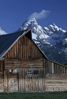 Images Dated 31st August 2003: North America, U.S.A. Wyoming Grand Teton National Park Barn and mountain