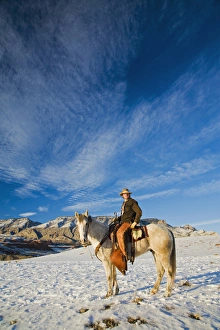 Images Dated 15th February 2008: North America; USA; Wyoming; Shell; Cowboy on his Horse in the Snow; (MR)