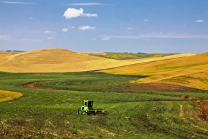 Harvest Prints: North America; Washington; Palouse Country; Hay Combine in Field