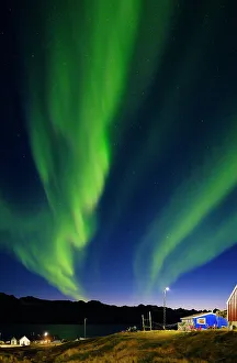 Aurora Prints: Northern Lights over settlement Kuummiit (formerly spelled Kummiut)