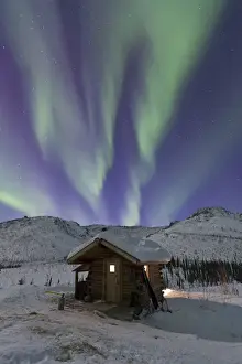 Images Dated 10th March 2011: Northern Lights shimmer over the Caribou Bluff cabin in the White Mountain National