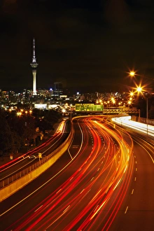Traffic Prints: Northern Motorway and Skytower at night, Auckland, North Island, New Zealand