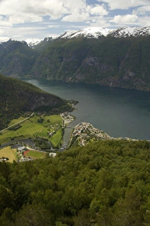 Norway, Aurland near Flam. Stegastein Overlook, view of Aurland Fjord an arm of Sogne Fjord