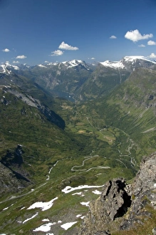 Geiranger Prints: Norway, Geiranger. Overvew of the port of Geiranger from Mt. Dalsnibba. Scenic road