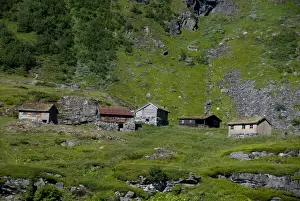 Images Dated 4th July 2009: Norway, Geiranger. Scenic byway 63 up to Mount Dalsnibba, mountain cabins