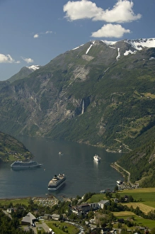 Images Dated 4th July 2009: Norway, Geiranger. View of the port of Geiranger from Mt. Dalsnibba. Cruise ships
