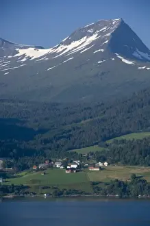 Geiranger Prints: Norway, Geirangerfjord. Typical homes along scenic fjord sailing toward Hellesylt & Geiranger