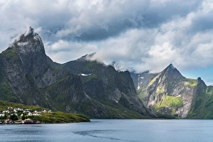 Lofoten Prints: Norway, Hamnoy. Fishing village houses and mountains