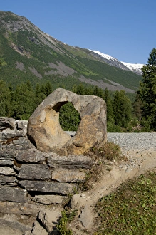 Scandinavian Prints: Norway, Hornindal, Honndalshytta. Old Horndola Bridge, Marriage Stone (aka Virgin Stone)
