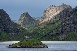 Lofoten Prints: Norway, Lofoten. Island in fjord and mountain landscape