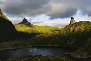 Cove Prints: Norway, Nordland. Two boats seeking sheltered anchorage in Straumhamn