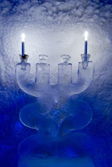 Norway, Nordland, Lofoten Archipelago, Gravdal. Ice Bar & Gallery. Ice candles