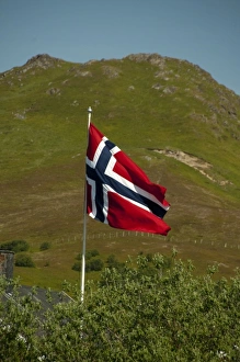 Images Dated 2nd July 2009: Norway, Nordland, Lofoten Archipelago. Norwegian flag