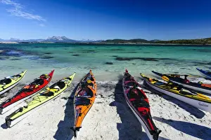 Sea Kayak Prints: Norway, Nordland. Sea kayaks on a coral-sand beach along Vestfjorden