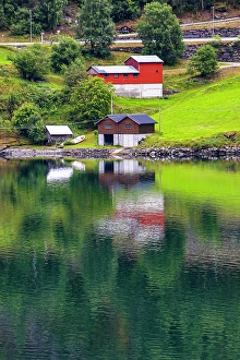 Jolly Sienda Prints: Norway, Norwegian Fjords. European village, red and brown barns