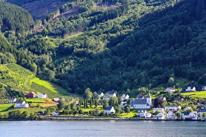 Steeple Prints: Norway. Norwegian Fjords, scenic villages with a church, red barns and white houses