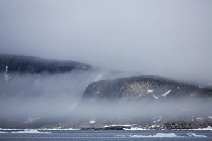 Images Dated 6th August 2009: Norway, Svalbard, Nordaustlandet, Cliffs rise above sea ice in fog along Scoresby