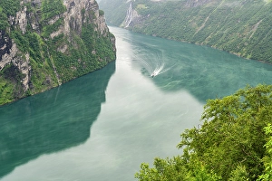 Geirangerfjord Prints: Norway. Tourist ship navigates fjord