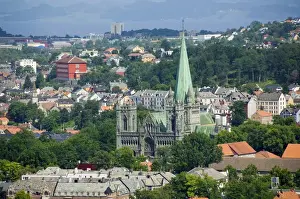 Romanesque Prints: Norway, Trondheim. City overview with Nidaros Cathedral (aka Trondheim Cathedral)