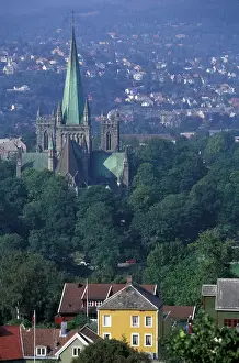 Trondheim Prints: Norway, Trondheim. Nidaros Cathedral seen from above downtown