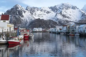 Norway, Vestvag. Fishing village set among dramatic mountains