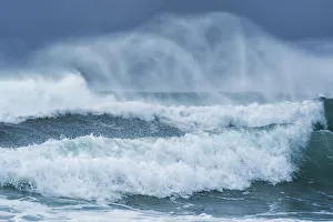 Powerful Prints: Norway, Vestvag, Leknes. Wind creating patterns in the surf along the western edge