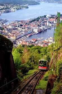 Norway, View of Bergens hills and harbor from Mount Floyen Funicular station