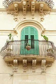 Sicily Prints: Noto, Sicily. Charming old window and terrace on a home. (Editorial Use Only)