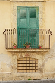Sicily Prints: Noto, Sicily. Charming old window and terrace on a home