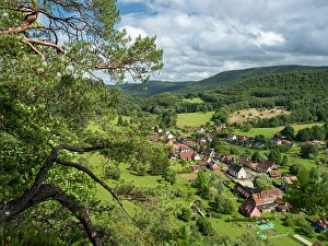 Prints of Obersteinbach in the Palatinate Forest, Vosges du Nord a nature reserve and a biosphere reserve (Palatinate Forest-North Vosges Biosphere Reserve). France, Grand Est Images Dated 2024 April: Obersteinbach in the Palatinate Forest