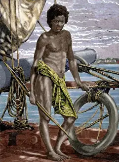 Contemporary Age Prints: Oceania. Micronesia. Koror native (Palau Island) aboard an European ship