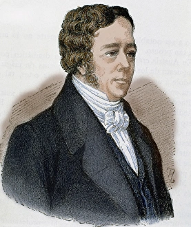 One Mid Adult Man Only Prints: Oersted, Hans Christian (1777-1851). Danish physicist. Colored engraving