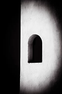 Greece Collection: Oia, Greece. Santorini. Black and White Curved, Greek, White Washed, Stucco, Window