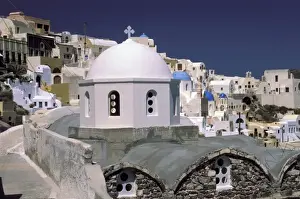 Walk Way Prints: Oia, Santorini, Greece, Village of Oia with church in foreground