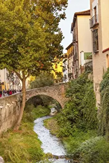 Granada Prints: Old Bridge River Rio Darro Walking Street Evening Carrera Del Darro Albaicin Granada