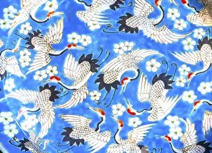 William Perry Prints: Old Chinese design blue, white and red cranes ceramic plate