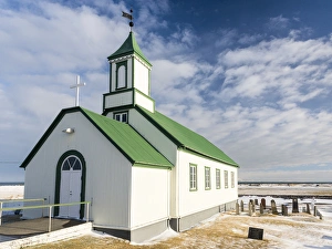 Cemetery Prints: The old church of Gardur, Reykjanes peninsula during winter. europe, northern europe