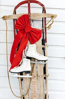 Christmas Prints: Old fashioned sled with ice skates at Chico Hot Springs in winter in Pray, Montana, USA