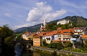 Austrian Prints: Old historical old town of Murau Austria downtown and churches and Mur River