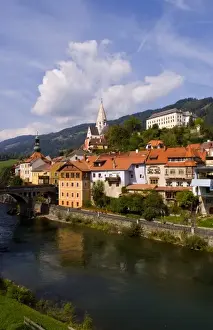 Old historical old town of Murau Austria downtown and churches and Mur River