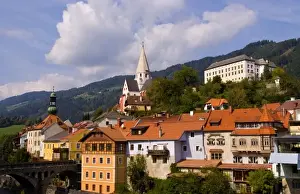 Old historical old town of Murau Austria downtown and churches and Mur River